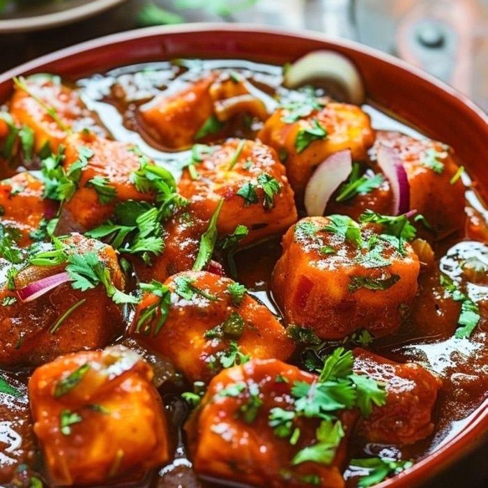 Chilli paneer in gravy with onion and cilantro