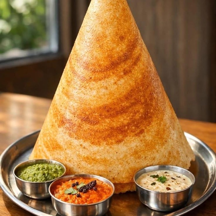 A tall golden masala dosa folded into a cone beside chutneys and sambar