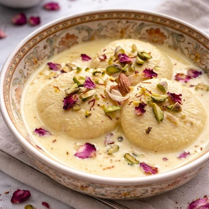 Rasmalai with pistachio and rose petals